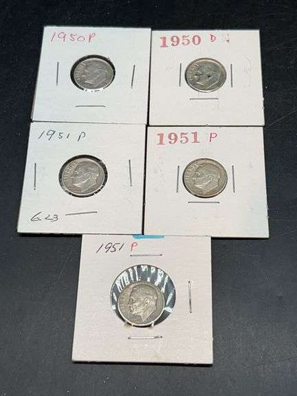 1950-P, 1950-D, and (3) 1951-P Silver Roosevelt Dimes image