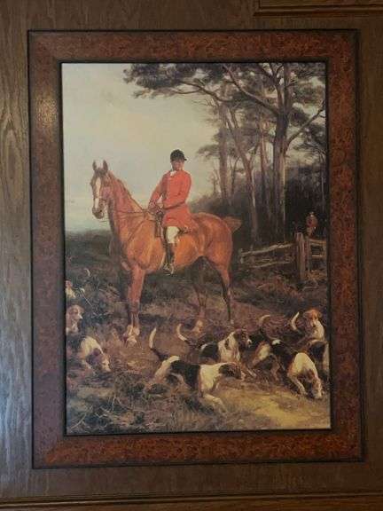 Beautifully framed oil on canvas print depicting Fox hunt…..32 x 42 image