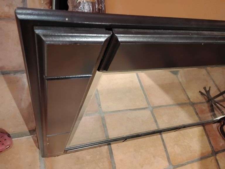 Dresser Mirror, Black Finish, 49 1/4" x 36", 4" lip at bottom for dresser mounting that is not a separate removable piece, would have to be cut for wall mounting, mirror has beveled edges. image