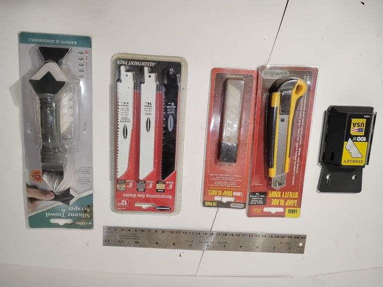 75 Razor Blades, Snap Blade Utility Knife, 10 Pack Snap Blades, 12 pc.  Reciprocating Saw Blades, Silicone Trowel & Scraper, Metal Ruler Cork on bottom. image