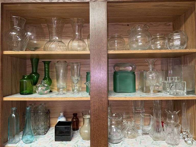 Contents of pantry cabinet…..mostly vases in various styles, colors and sizes…..MUST TAKE ALL…..possible chipping on some, not all were checked image