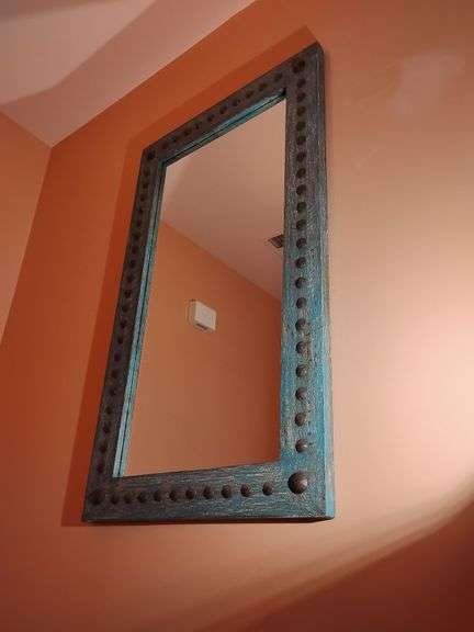Bold Southwest Turquoise with hammered brads Mirror 48" x 28". This piece is large. BUYER IS RESPONSIBLE FOR REMOVAL. image