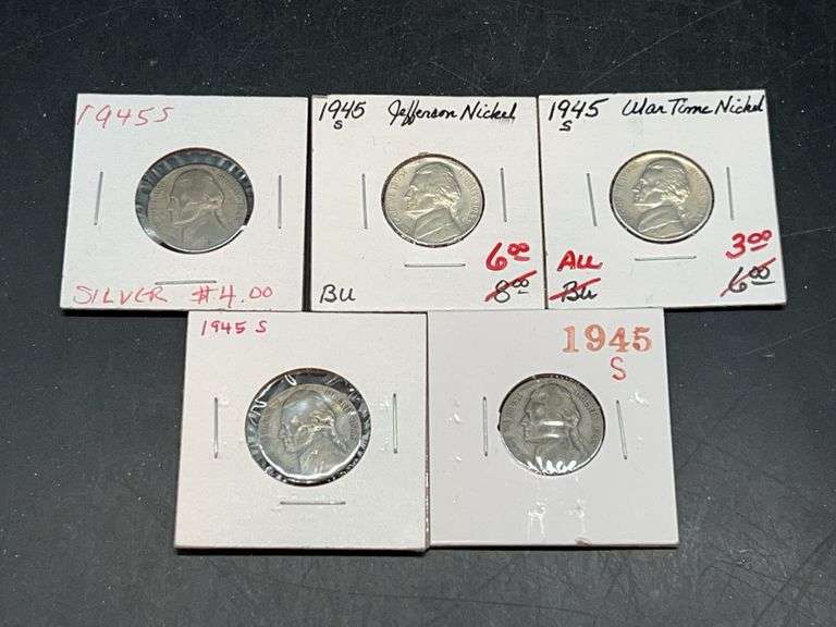 (5) 1945-S 35% Silver War Nickels…..has large S mint mark above dome on reverse image