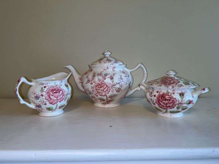 3-piece Johnson Brothers Rose Chintz-Pink (“Made in England") Stamp teapot, creamer and lidded sugar bowl…..tray measures 21-1/2 x 12-1/2 x 10-1/4 tall….one small chip on inside rim of teapot lid image