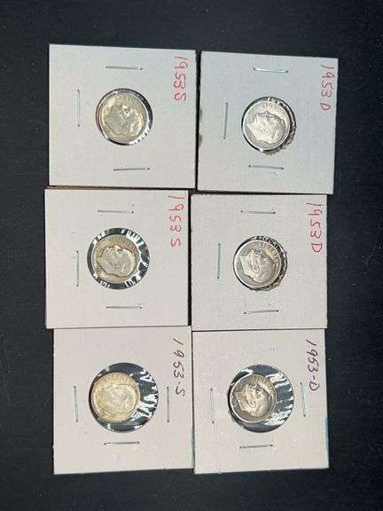 (6) 1953 Silver Roosevelt Dimes…..mint marks D and S image