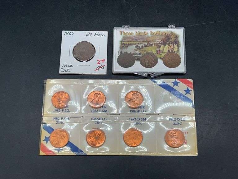 Grouping of 1867 2¢ piece, Three Little Indians wheat penny set and (7) various year Pennie’s image