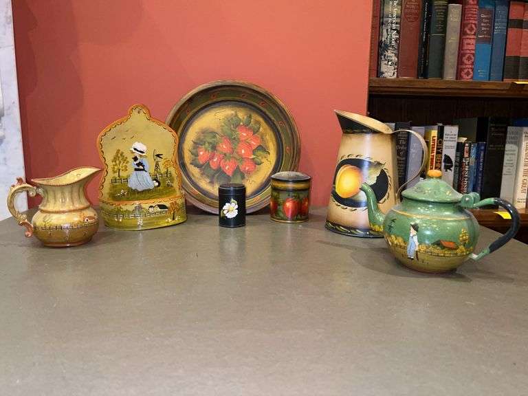 Grouping of hand-painted tin items….sizes range from miniature to 7” tall image