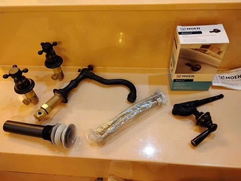 Bathroom Basin Sink Faucet, widespread, oil rubbed bronze and toilet tank lever. New in box. image
