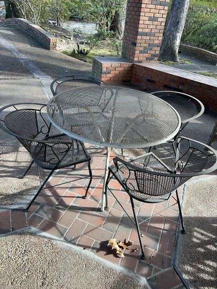 Lightweight wrought iron table with (4) barrel back chairs…..all need cleaning from sitting outside…..42”D x 28-1/2 tall….chairs are 24-1/4w x 16-1/4 x 29-1/2 tall overall image