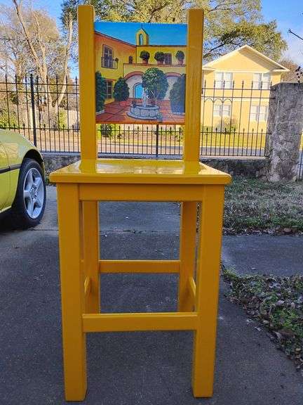 New Lacandona Tall Mexican Bar Chair, shiny finish, hand painted scene in back, back height 49 1/4" T, seat height 28", 19" W. image