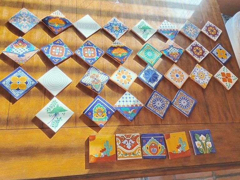 Mexican Tiles, Terra Cotta, Glazed, so many patterns, 4 1/8" x 4 1/8", eventually begin to repeat, 2 boxes, apprx 100 pcs. per box. image