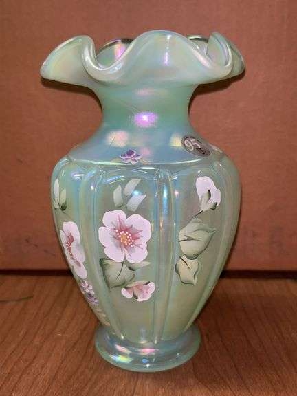 Fenton Glass Ribbed Optic Opalescent Family Signature Series Ruffled Vase in original box image