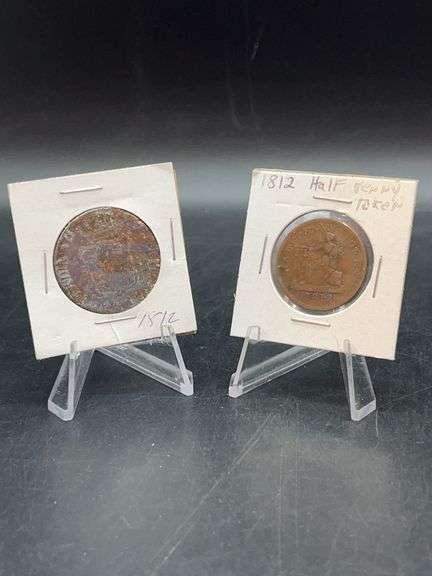 (2) copper coins - 1812 Canadian Half Penny Token and 1812 6 quartos coin from Spain featuring Ferdinand VII image