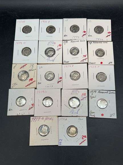 (18) 1978 and 1979 Roosevelt Dimes….mint marks P, S and D image