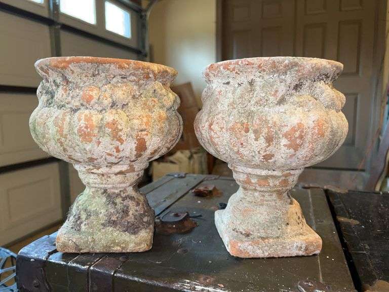 Set of (2) matching vintage Italian Baroque-style terra cotta urn planters…..6”D x 8-1/4” tall image