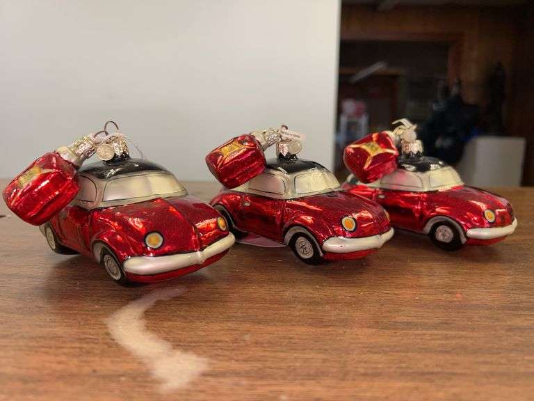 Set of (3) NEW Mercury glass Volkswagen Beetle cars with gas cans on top….no boxes image