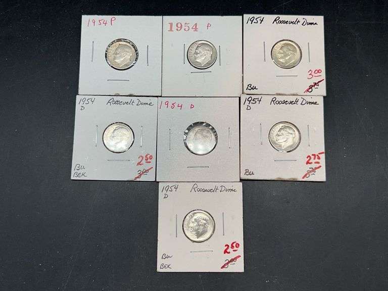 (7) 1954 Silver Roosevelt Dimes…..mint marks D and P image