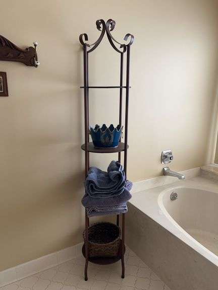 4-tier metal shelf and contents…..shelves are 13-1/4”D x approx. 6’ tall image