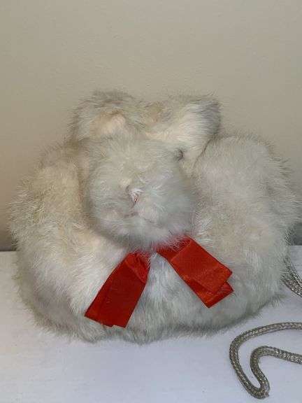 Vintage child's white rabbit fur hand muff with a red bow….in vintage box (damaged) image
