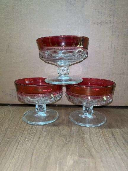 Set of (3) Indiana Tiffin Glass Kings Crown Ruby Stained Flashed Sherbets….no chips/cracks image