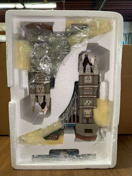 Dept. 56 Dickens’ Village Series 20 Year Celebration “Tower Bridge of London” lighted porcelain piece…..bridge raises and lowers….did not want to risk damage to any of the pieces so pics are with piece in box image
