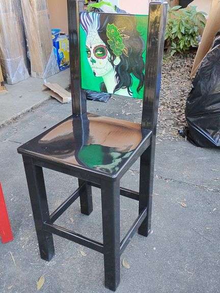 New Lacandona Bar Chair, Black, shiny finish, Day of the Dead on the back, back height 49 1/4" T, seat height 28" T, 19" W. Some fine scratches in the seat. image