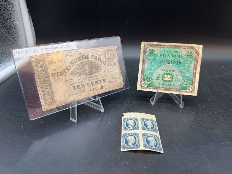 North Carolina 10¢ Fractional Note, 2 French Francs Banknote and (4) Confederate Issue Stamps image