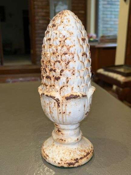 White Distressed Cast Iron Pine Cone Architectural Finial…..9-1/2” tall…..very heavy (approx. 9lbs)…..for indoor or outdoor use image