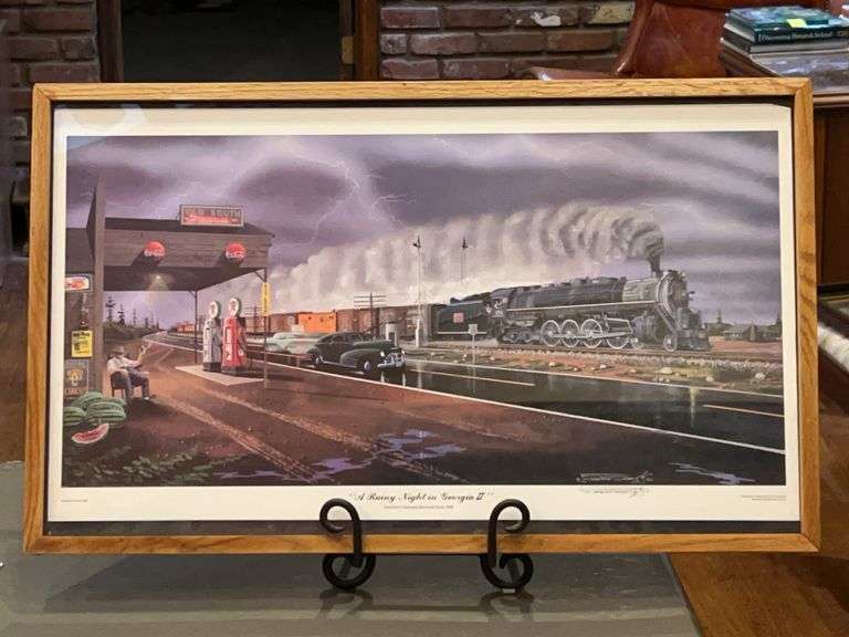 Framed Robert West print of a painting titled "A Rainy Night in Georgia II", Central of Georgia Railroad Circa 1955…..30-1/2 x 18-1/2 image