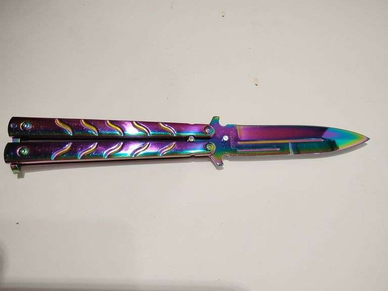 Traditional Balisong Butterfly Knife Rainbow Iridescent Titanium, blade 440 stainless steel, open length 9", belt clip image