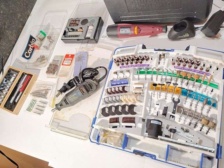 1 Craftsman plug in Rotary Tool, 1 Chicago Electric  Battery Charged Rotary, Mega Accessories Kit, Knife Kit image