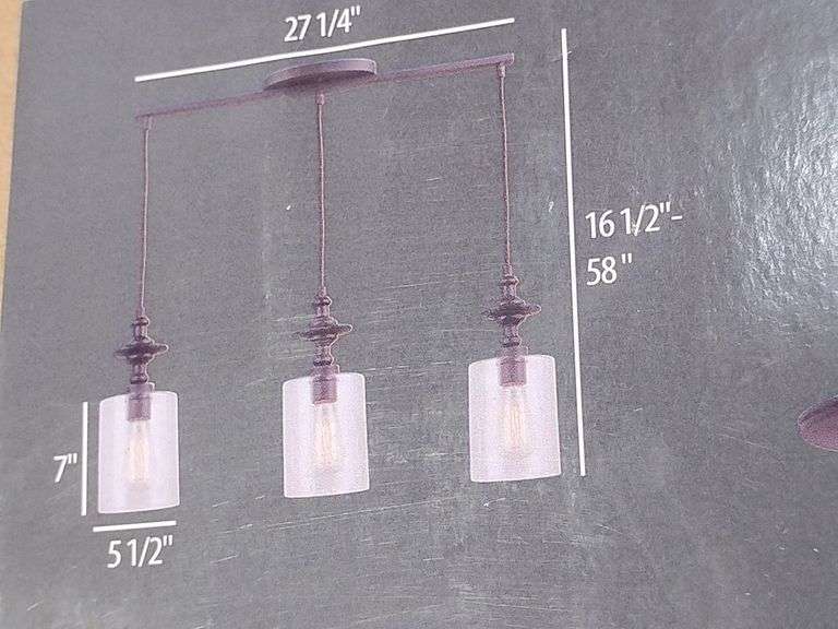 3 Light Pendant Light, Oil rubbed bronze finish, Clear glass gloves, 3 x 100W (max) bulbs not included.  Wayfair, new in box, untested. image