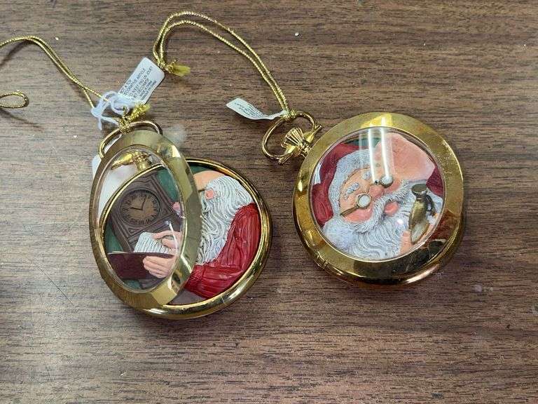 Set of (2) Dept. 56 "Christmas Time" 3D Santa Claus Pocket Watch Ornaments image