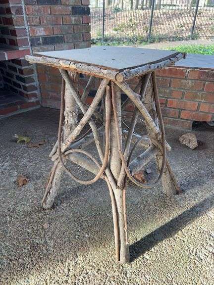 Handcrafted rustic outdoor table…..handcrafted from possibly small willow or oak trees(?)…..13-1/2”D x 24-1/2” tall image