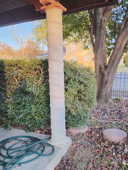 6 Columns, Spanish Swirl Style, Fiberglass, lengths range from 6'8" to 7'2", diameter is 6 3/4" across, previously installed. Have top and bottoms for all. Photo shown installed is an example only and is a wider column. image