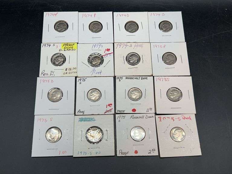 (16) 1974 and 1975 Roosevelt Dimes….mint marks P, S and D image