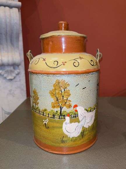 Hand-painted, vintage-style decorative metal milk can…..11” tall image
