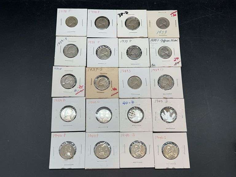 (20) Jefferson Nickels…..years 1938, 1939, 1940….mint marks P/D/S image