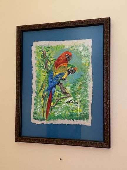 Bright and colorful framed and matted watercolor on paper print of 2 parrots….not signed…..15-1/2 x 19 image