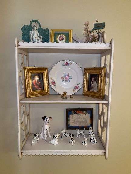 Decorative white wood wall shelf and contents…..porcelain/ceramic Dalmatians and other home decor…..15-1/2 x 6-3/4 x 26 tall…..top porcelain piece is damaged image