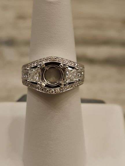 Fabulous Gorgeous S??? G.(Possibly Simon G.) Lady's 18K White Gold Ring Size 6.5 w/Numerous Diamonds Surrounding a Setting Where a Very Large Solitaire Diamond was Removed and Sold by Seller total  g DIAMONDS TESTED POSITIVE USING DIAMOND SELECTOR II TESTER... image