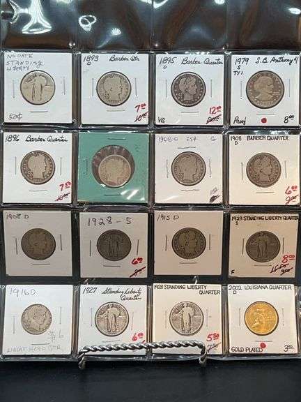Sleeve of various coins - Barber Quarters, Susan B. Anthony, Liberty Head, Standing Liberty…..various years and mint marks…..(1) is gold plated…..please see all pics image