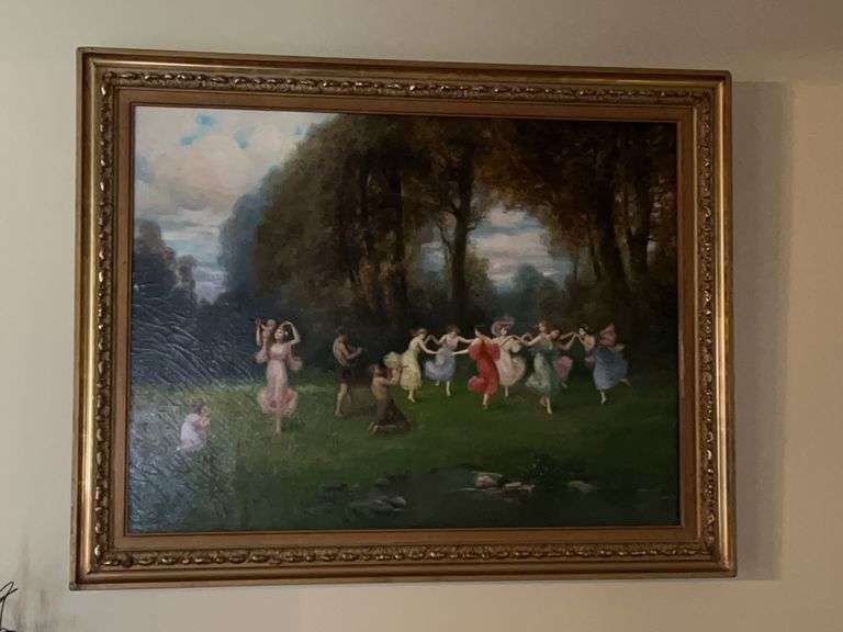 Beautiful Signed (A. Broch) oil on canvas print depicting Spring Dance…..36-3/4 x 29 image