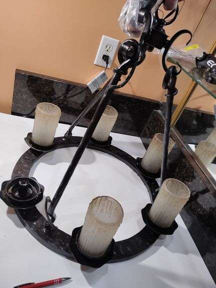 Chandelier, 21" across, bronze tone metal, missing one globe. New never installed image