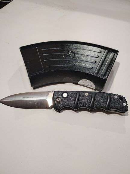 BOKER PLUS AUTOMAT KALASHNIKOV 74,  01KALS75B, automatic knife, black, drop point, button lock, length 7.56", polished shinny blade with box, like new. Inspired by the AK47. image
