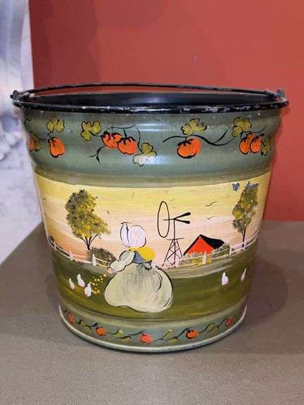 Vintage hand-painted bucket…..9-1/2”D x 8-1/4” tall…..signed Mickey Street Bailey image
