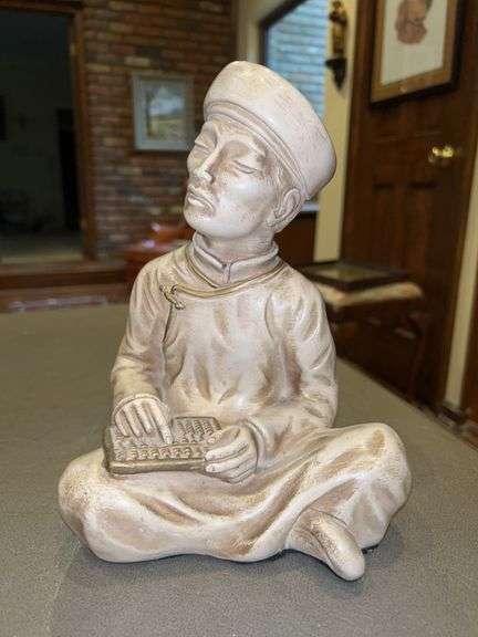 Vintage Mid-Century Universal Statuary Corp. Asian scholar chalkware figurine with an abacus…..9-1/4” tall image