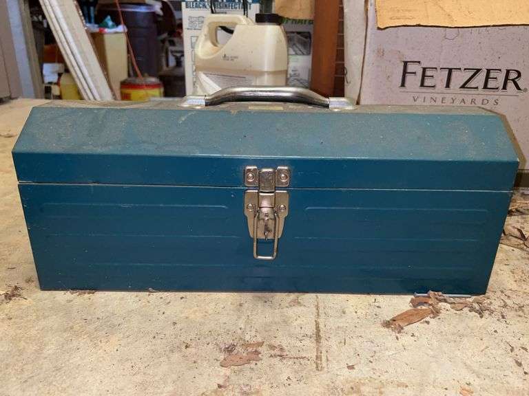 Vintage Union Blue Metal Toolbox with Tray and contents image