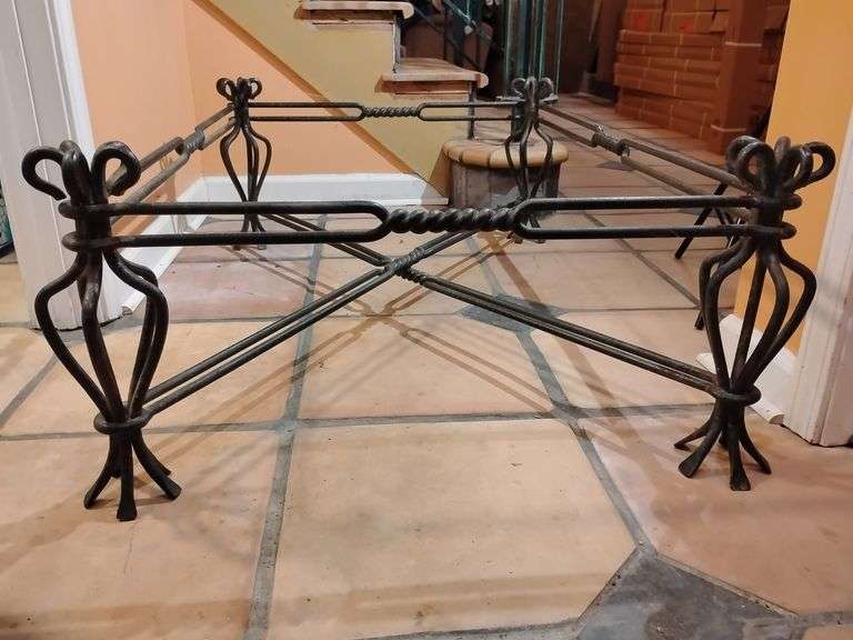 Coffee Table, Iron & Glass, table measures 15 3/4"T x 33 1/2"W x 47 1/4"L black crackle finish, glass 1/4" thick slight bevel, 36"W x 49 1/2"L, has some scratching. Both very heavy and BUYER IS RESPONSIBLE FOR REMOVAL. image