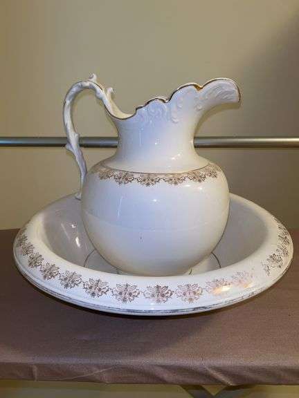 Antique Knowles, Taylor & Knowles Cream & Gold Semi-Vitreous Porcelain Pitcher and Bowl…..bowl is 16”D x 4-1/2” tall and pitcher is 12” tall image